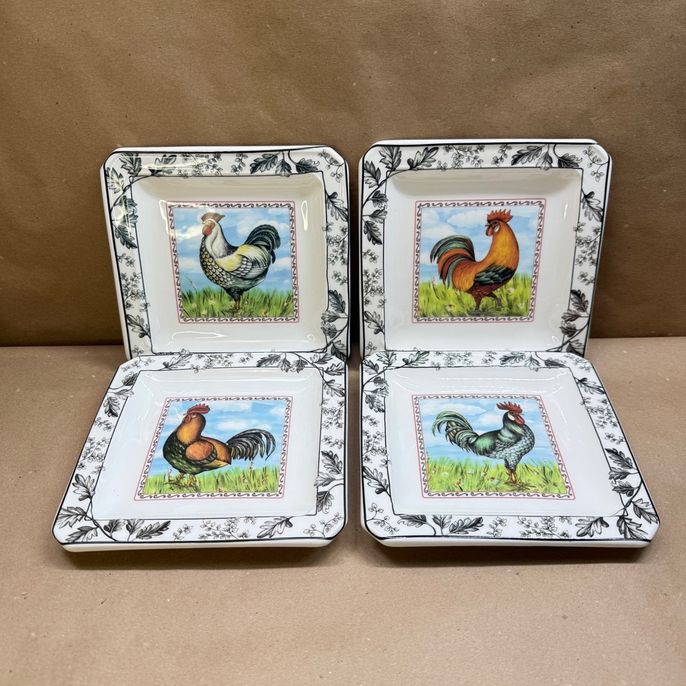 I Galletti Rooster Appetizer Plates Set of 4 Square Made in Italy Farmhouse